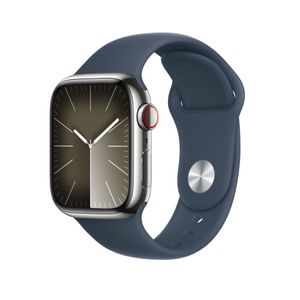 Apple Watch Series 9 Cellular 45mm Silver Stainless Steel Case w Storm Blue Sport Band - M/L